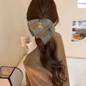 글라스링 베어 곱창 머리끈 포인트 빅 체크사각 스크런치 헤어끈