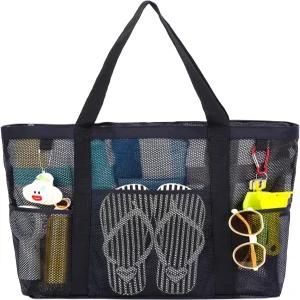 지퍼가 달린 팸마트 메시 비치백 여성용 대형 비치 토트 장난감 풀 수영 가방 여행용 휴가 크루즈 필수품