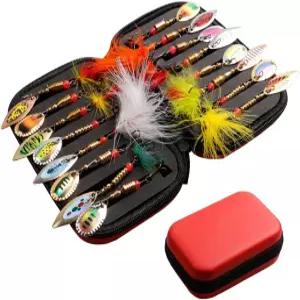 수탉 꼬리 낚시 미끼 키트 - 16PCS 민물 송어 및 농어 스피너 숟가락 하드 메탈 캐리백 포함