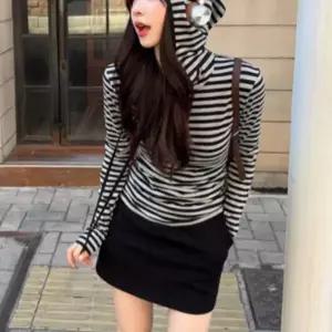 스트라이프 모자 티셔츠 여성 슬림핏 줄무늬 긴팔티