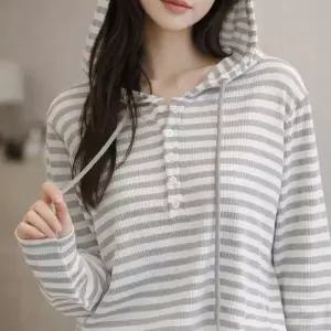 여성 슬림핏 스트라이프 모자 티셔츠 줄무늬 긴팔티
