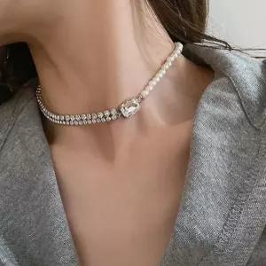 여성 패션 초커 목걸이 초커 진주 크리스탈 레이어드 길이조절