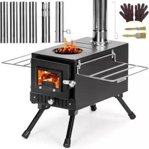 YrenZ 업그레이드된 핫 텐트 스토브 - 7섹션 롤엣지 굴뚝 강화된 문틀 밀폐된 본체 및 강화 유리로 고온