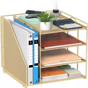 컴록 골드 책상 정리함 수직 파일 홀더가 있는 책상용 4단 금속 종이 사무용품용 사무용 액세서리 및