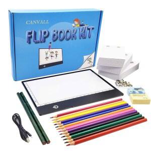 CANVALL 드로잉 및 트레이싱 을 위한 2 HB 플립북 LED 12 라이트 스크루 세트, 연필깎이, + 540페이지 루스 컬러 지우개 드라이버 A5 박스, 연필, 페이퍼, 포함: