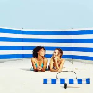 야외 여름 휴가를 위한 우드 폴스 망치와 가방이 있는 비치 윈드 스크린 15.7피트 블로커 배리어 블루