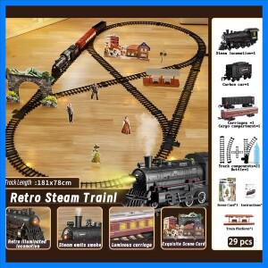 클래식 배터리는 전기 철도 기차 증기 세트를 작동합니다. 빛과 소리가 있는 연기 장난감에 물을