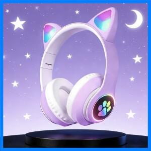 귀여운 고양이 무선 헤드폰 RGB 귀 마이크 포함 소음 차단 어린이 스테레오 음악 선물