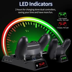 호환 PS4/PS4 슬림/PS4 Pro 콘솔용 냉각 팬 스탠드  수직 쿨러  듀얼 컨트롤러 충전기 포함  PS4 액세서리