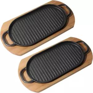 Toyosport 2개입 무쇠 파히타 팬 세트 나무 받침대가 있는 지글거리는 접시 분리형 손잡이 포함 주방 및
