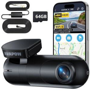 차량용 AVAPOW 4K 대시캠 프론트, 하드와이어 키트 및 64GB Sd 카드 u2013 WiFi 6, 앱 제어, UHD 2160P, 내장 G-센서, 루프 레코딩, , 170 광각, 24시간 주차, WDR