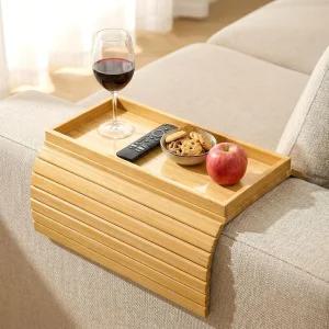 파이어비고 소파 팔걸이 테이블 미끄럼 방지 패드가 있는 접이식 대나무 컵 홀더 리모컨용 팔 트레이 음료