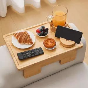 GEHE 리얼 대나무 소파 팔걸이 테이블 15.4 x9.8 360° 회전 휴대폰 홀더가 있는 탈착식 컵 홀더 1개 중