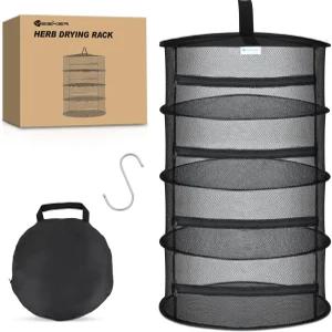 예스커 4겹 허브 건조대 걸이 메쉬망 접이식 식물 18인치 직경 씨앗 새싹 과일 옷을 위한 블랙 지퍼 및
