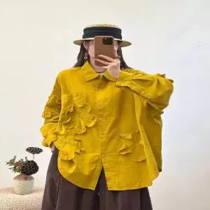 율랑팡 여성용 싱글 아플리케 긴팔 셔츠 톱 는 루즈핏롱 숄카라 HO1