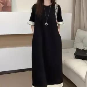 밑단배색 검정색 오버핏 반팔 롱 원피스 여대생 시원한 데일리룩