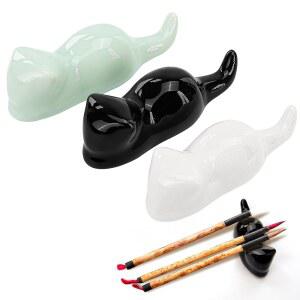 BULEVINA 페인트 브러시 받침대 홀더 3개, 용품(블랙, 수미 중국 회화 모양 귀여운 캘리그래피용 미술 고양이 젓가락 세라믹 도자기 화이트, 스탠드, 및 펜 그린) 동양
