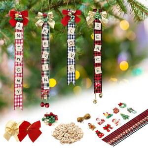 크리스마스 장식품 트리 장식 맞춤형 공예 키트 벨 스타킹 이름표 선물 소박한 휴일(격자무늬) 걸이용 타일 리본 글자 DIY 화환