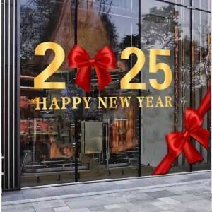 리본 스티커 해피뉴이어 대형 신년 크리스마스 유리 레드리본 리본스티커 쇼윈도 골드눈꽃