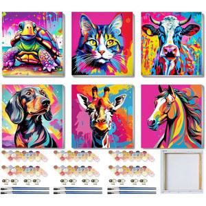 6팩 액자 페인트 키트, 숫자로 색칠 페인팅 캔버스 DIY 4-8-12세 색상 기린 X 초보자용 고양이 20.3CM(8 8인치) 20.3 만 말 키트