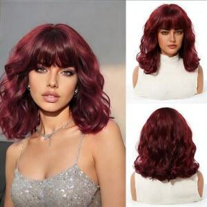 FREE BEAUTY 앞머리가 있는 짧은 단발 부드러운 밥 프렌치 질감의 레드 웨이브 얼굴 앞머리 자연스러운 여성용 가발 곱슬거리는 와인 프레이밍 - 데일리-30.5cm(12인치) 합성