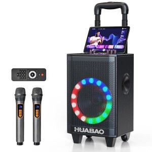 무선 마이크 2개가 있는 노래방 USB PA 파티에 트레블 휴대용 이상적 리모컨 시스템 FM 6600MAH 트롤리 조절 기계 베이스 TF AUX 휠이 충전식 블루투스 조명 스피커 에코