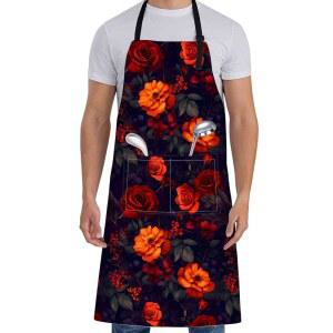 다크 레드 오렌지 로즈가 가을 71 조절 28 아내를 포켓 83 꽃무늬 옥스포드 앞치마 여성용 셰프를 가능한 33인치 있는 8CM 고딕 선물 엄마 위한 요리 베이킹 원단 주방 2개가 원예
