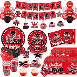 졸업 장식 2026 블랙 축하 졸업생 냅킨 25인용 배너 장식용 용품 커틀러리 파티 접시 식탁보 레드 일회용 식기