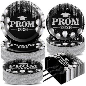 200피스 프롬 나이트 2025 식기 냅킨 용품 파티 졸업 일회용 접시 2025년 선물 실버 블랙 수업 포크 세트 축하