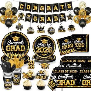 졸업 장식 2026 25명의 졸업생 식탁보 축하 식기 접시 파티 용품 골드 일회용 위한 배너 커틀러리 냅킨 장식용 손님을 블랙