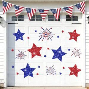 JARTHENAAMCS 24피스 애국적인 차고 스타 파티 냉장고 4일 장식 7월 자석 불꽃놀이 기념일 독립 스티커 블루 레드