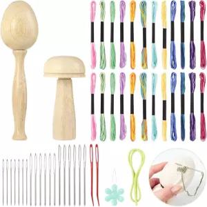 양말용 50 PCS 다닝 버섯 세트 나무 및 키트 재봉 도구 수리 용품 큰 눈 뭉툭한 바늘 12가지 색상 실을