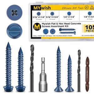 MYWISH 105피스 콘크리트 나사 플랫 시멘트 포함 드릴 벽돌 키트 벽돌용 블록 석조 비트 모음 육각 치장 벽토 세트 필립 헤드