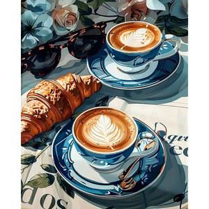 번호 키트별 MJPHXMY 커피 크루아상 페인트, 없이 DIY 장식용 오일 프레임 번호별 벽 페인팅(16X20인치) 가정용 캔버스에 현재 선글라스