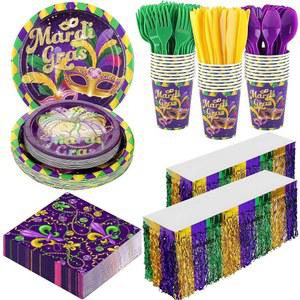 KOCHORIE 170피스 마디 그라 접시 식기 커틀러리 장식 냅킨 테이블 일회용 용품 포함 파티 스커트 세트 무도회 24인용 카니발 가장