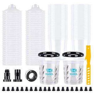 YUZES 뚜껑이 있는 일회용 페인트 컵 믹싱 비율이 프라이머, 50개(591.5ML(20온스), 베이스코트, 건 190미크론), 실러 및 코트용 클리어 어댑터 자동차 2개, 가정 시스템 DIY,