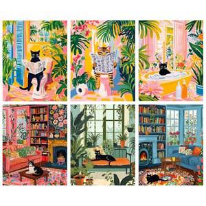 CANRICHSHOP 6팩 숫자로 그린 고양이 페인트 키트, DIY 칠하기 페인팅 , 33.8CM(9.8 캔버스에 쉬운 없는 X 아크릴 프레임 13.8인치) 검은 초보자 24.9 키트 장식 재미있는