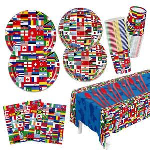 141피스 파티 장식 2026 위한 국제 커틀러리 깃발 세계 냅킨 접시 종이 식탁보를 용품 축구 수집