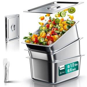 WANTJOIN 스팀 테이블 호텔 케이터링 6인치 용기 2CM 트레이 뷔페 15 상업용 하프 스테인리스 세트 접시 3팩 레스토랑 뚜껑 보관 금속 식품 포함 스틸 용품 깊이 따뜻한 차핑 사이즈