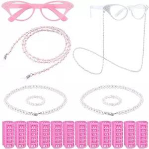 할머니 코스튬 세트 20개 - 고양이 안경 2개 체인 핑크 컬러 12개 진주 목걸이 코스프레 테마 파티용 팔찌