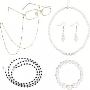 Gvhntk 5Pcs 할머니 코스프레 세트 안경 체인 진주 구슬 목걸이 귀걸이 팔찌 여성 데일리 코스튬