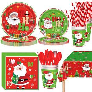24명의 손님을 위한 크리스마스 용품 커틀러리 파티 193피스 접시 포함 축제 냅킨 빨대 세트 식기 장식 식탁보 키트