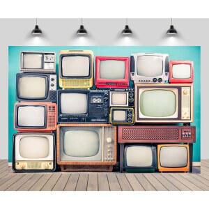 CHNYWORK 1X1 5M 7X5피트 스탠드 촬영 배경 벽지 수신기 사진 레트로 세트 80년대 60년대 향수 소품 민트 장식 70년대 파티 텔레비전 나무 TV 블루