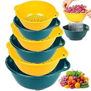 6팩 소쿠리 거름망 바구니 이중 야채 플라스틱 파스타 과일 옐로우 배수구 있는 레이어 공간 그린 세척 절약 쌓을 주방