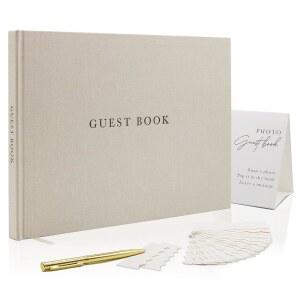 MODERN ALBUM DESIGNS REAL LINEN 방명록 세트 - 29.8 X 21.6CM(11.5 8.5인치) 양각 방명록, 결혼식, 샤워, 이벤트, 빈 & 안감, 사인, 펜, 박스 및 사진 슬리브 포함, 120페이지 (베이지)