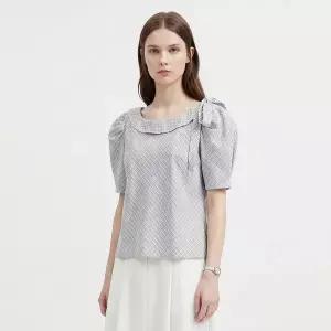 [NS홈쇼핑][샵앤] 국산 여성 리본타이 보트넥 체크 반팔 블라우스 SIU-WBL-21120..