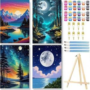 액자 캔버스로 숫자별 페인트 4팩 - 비치 포함된 나무 아크릴 이젤, 브러시가 키트(8X12인치) 페인트, 장식용 풍경 DIY 벽 캔버스에 달 가정용 유화