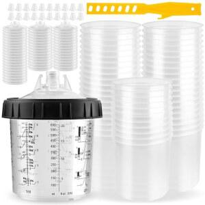 필터 뚜껑이 있는 일회용 페인트 컵 50개, 및 뚜껑 건용 라이너 링이 키트, 600ML(20온스) 플러그 /LVLP HVLP 1개 20개 교반기 범용 - 건 리테이너 1개, 하드