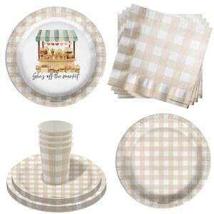 FRESH OFF THE MARKET 3CM 9인치 접시 브라이덜 샤워 용품 파티 16인용 냅킨 종이 22 베이지 키트 세트 플레이트와 디너 8인치 포함 식기 깅엄 디저트 9CM 대형 20 64피스