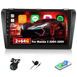 마쓰다 3 2004 2005 2006 2007 2008 2009, 2+64G 안드로이드 13 무선 카플레이 오토, 9인치 터치스크린 카 라디오 GPS WiFi 블루투스 FM /RDS EQ SWC 듀얼 USB /AUX-in 백업 카메라용 자동차 스테레오